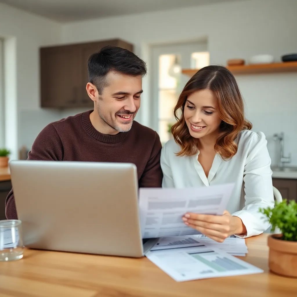 Echtpaar dat samen hun gezinsbudget plant aan keukentafel