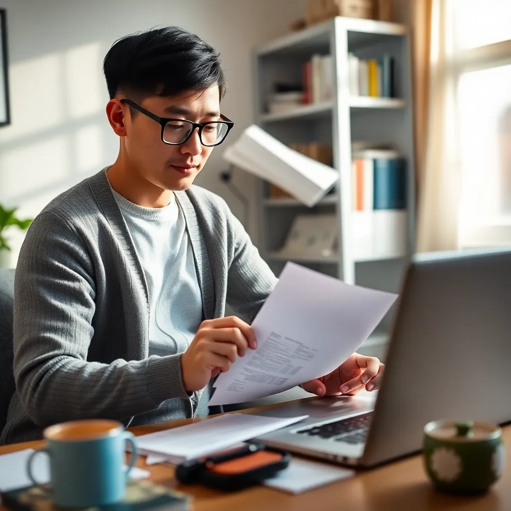 Persoon die belastingaangifte voorbereidt met laptop en documenten
