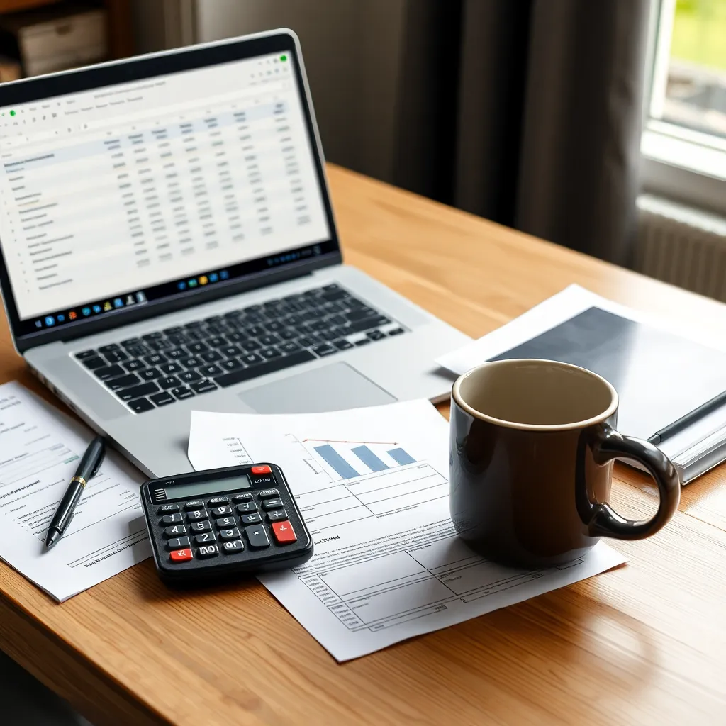 Overzicht van financiële documenten met laptop en rekenmachine