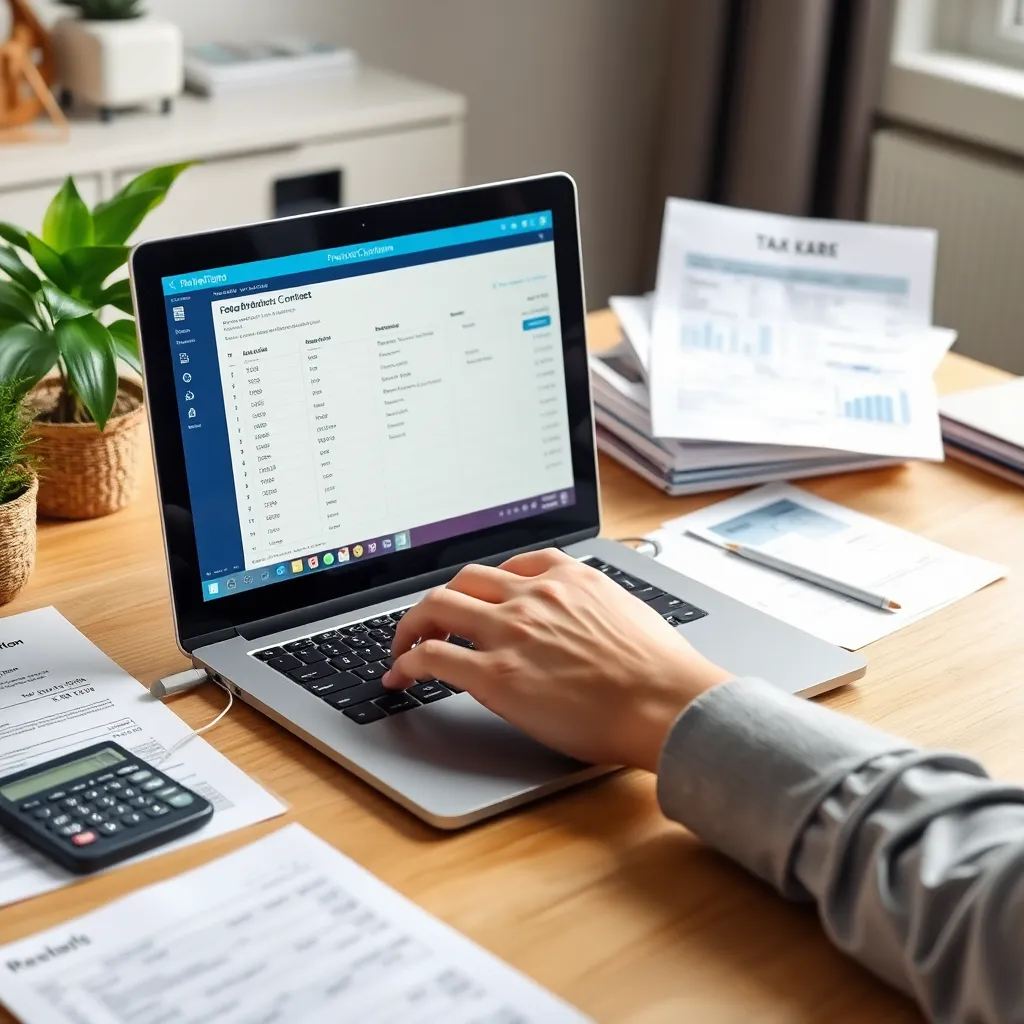 Persoon gebruikt budgetapp op smartphone naast laptop