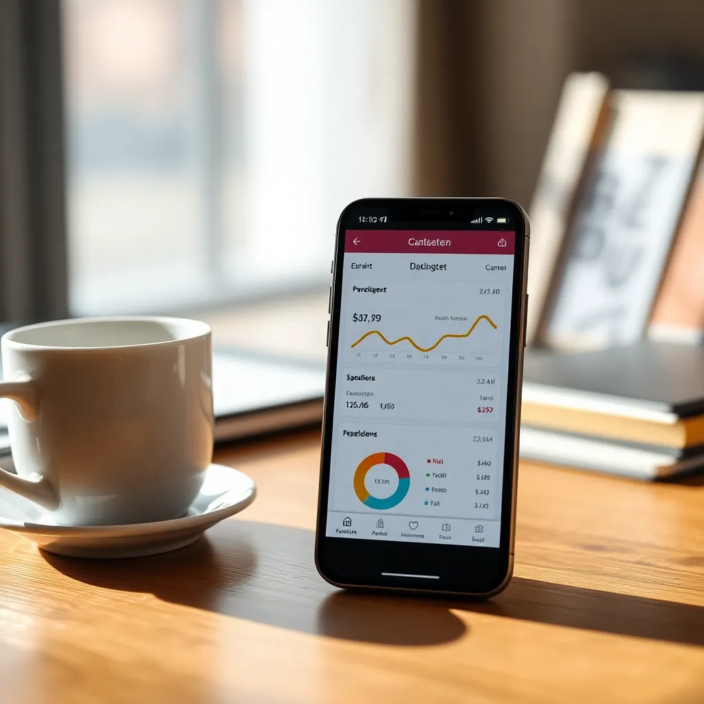 Smartphone met budgetbeheer applicatie die grafieken en uitgaven toont